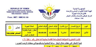 الأرصاد اليمني يحذر من أمطار رعدية واضطراب بحري خلال الساعات القادمة