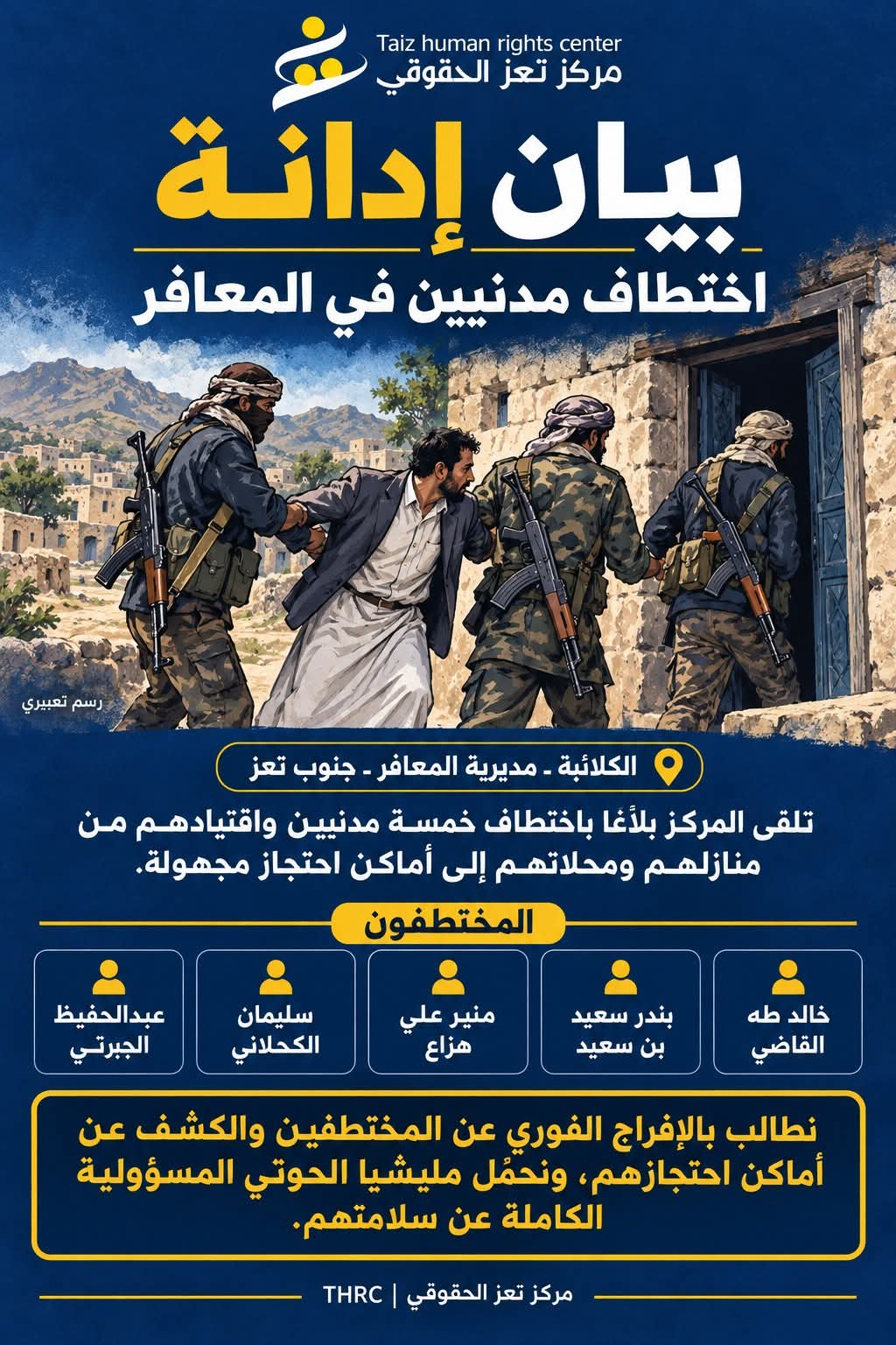 مركز تعز الحقوقي: اختطاف خمسة مدنيين من منازلهم ومحلاتهم في المعافر جنوبي المحافظة